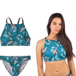 Patagonia Bird Print High Neck Bikini‎ Swimsuit Set, Teal
